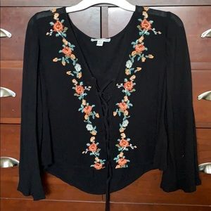 Lace Up Floral Embroidered Blouse